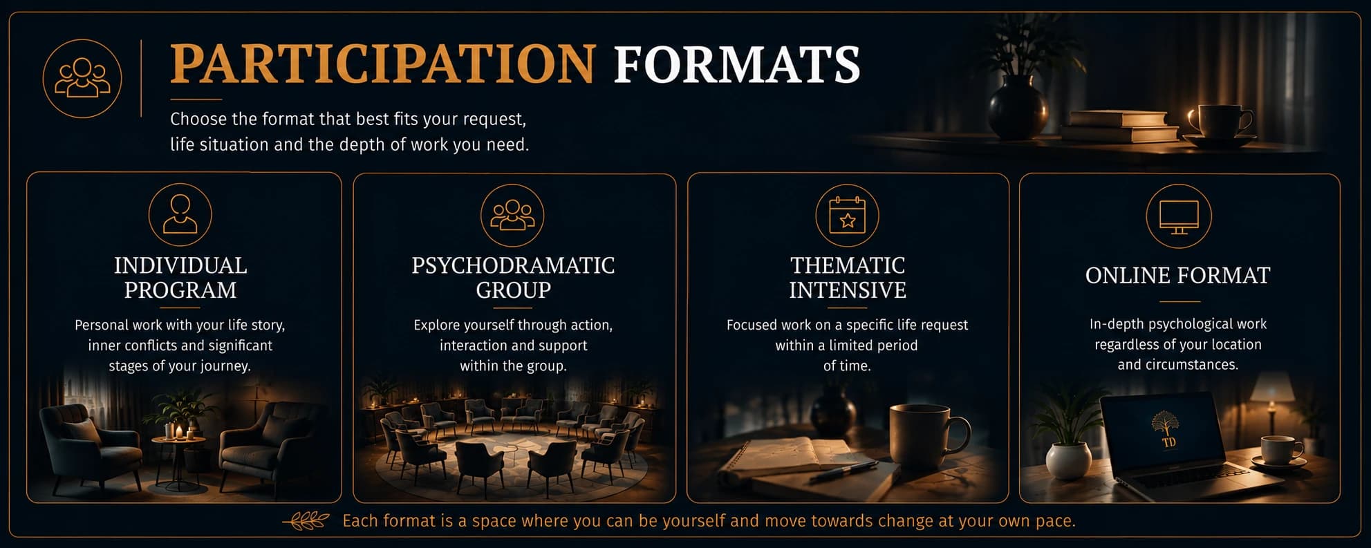 Participation formats. Choose the format that best fits your request, life situation and the depth of work you need. Individual program — personal work with your life story, inner conflicts and significant stages of your journey. Psychodramatic group — explore yourself through action, interaction and support within the group. Thematic intensive — focused work on a specific life request within a limited period of time. Online format — in-depth psychological work regardless of your location and circumstances.