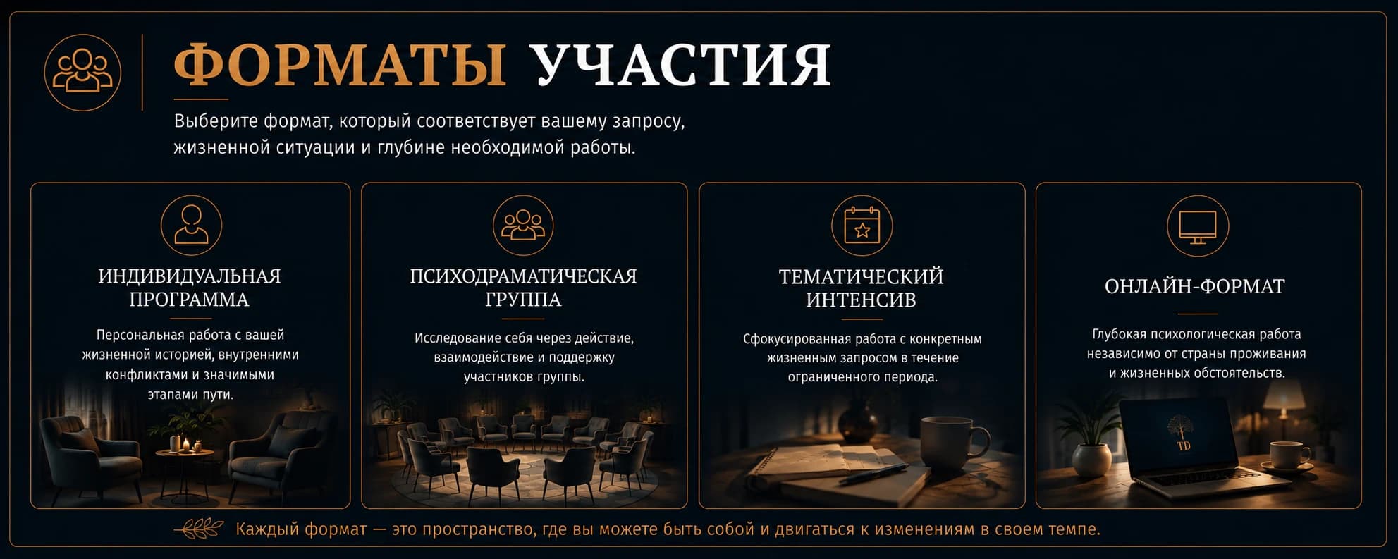 Форматы участия. Выберите формат, который соответствует вашему запросу, жизненной ситуации и глубине необходимой работы. Индивидуальная программа — персональная работа с вашей жизненной историей, внутренними конфликтами и значимыми этапами пути. Психодраматическая группа — исследование себя через действие, взаимодействие и поддержку участников группы. Тематический интенсив — сфокусированная работа с конкретным жизненным запросом в течение ограниченного периода. Онлайн-формат — глубокая психологическая работа независимо от страны проживания и жизненных обстоятельств.