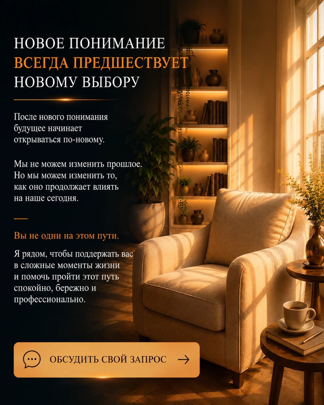 Новое понимание всегда предшествует новому выбору. После нового понимания будущее начинает открываться по-новому. Мы не можем изменить прошлое. Но мы можем изменить то, как оно продолжает влиять на наше сегодня. Вы не одни на этом пути. Я рядом, чтобы поддержать вас в сложные моменты жизни и помочь пройти этот путь спокойно, бережно и профессионально.