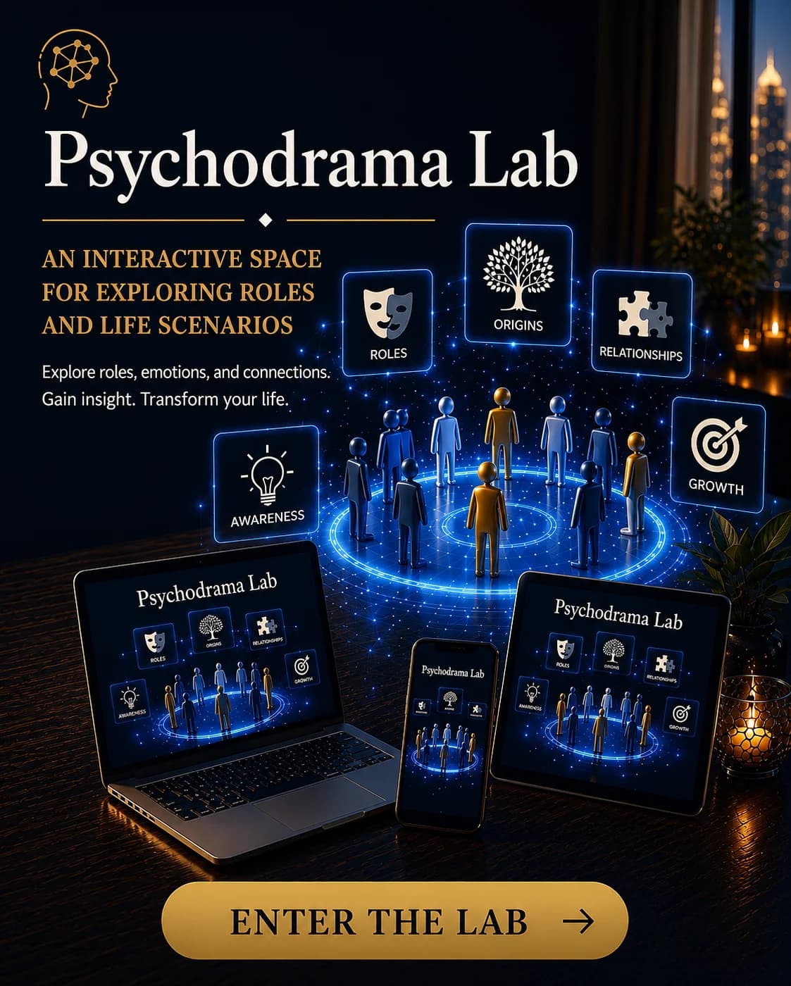 Psychodrama Lab interactive space for exploring roles and life scenarios