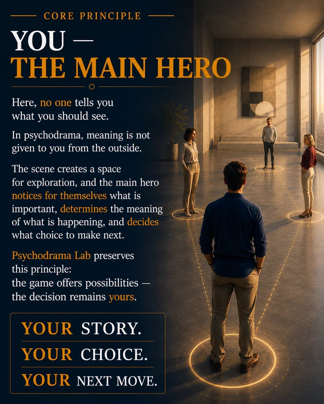 Core Principle. You — The Main Hero. Here, no one tells you what you should see. In psychodrama, meaning is not given to you from the outside. The scene creates a space for exploration, and the main hero notices for themselves what is important, determines the meaning of what is happening, and decides what choice to make next. Psychodrama Lab preserves this principle: the game offers possibilities — the decision remains yours. Your story. Your choice. Your next move.