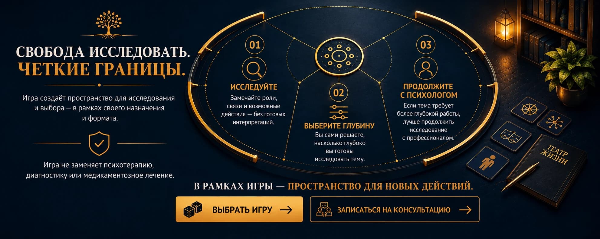 Свобода исследовать. Четкие границы. Игра создаёт пространство для исследования и выбора — в рамках своего назначения и формата. 01 Исследуйте — Замечайте роли, связи и возможные действия — без готовых интерпретаций. 02 Выберите глубину — Вы сами решаете, насколько глубоко вы готовы исследовать тему. 03 Продолжите с психологом — Если тема требует более глубокой работы, лучше продолжить исследование с профессионалом. Игра не заменяет психотерапию, диагностику или медикаментозное лечение. В рамках игры — пространство для новых действий.