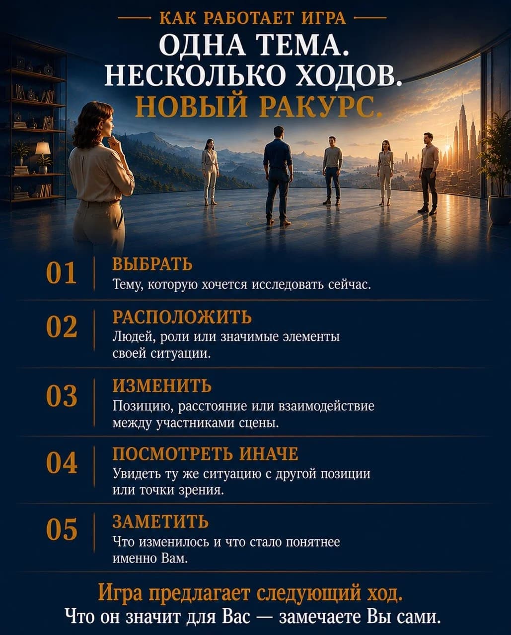 Как работает игра. Одна тема. Несколько ходов. Новый ракурс. 01 Выбрать — Тему, которую хочется исследовать сейчас. 02 Расположить — Людей, роли или значимые элементы своей ситуации. 03 Изменить — Позицию, расстояние или взаимодействие между участниками сцены. 04 Посмотреть иначе — Увидеть ту же ситуацию с другой позиции или точки зрения. 05 Заметить — Что изменилось и что стало понятнее именно Вам. Игра предлагает следующий ход. Что он значит для Вас — замечаете Вы сами.