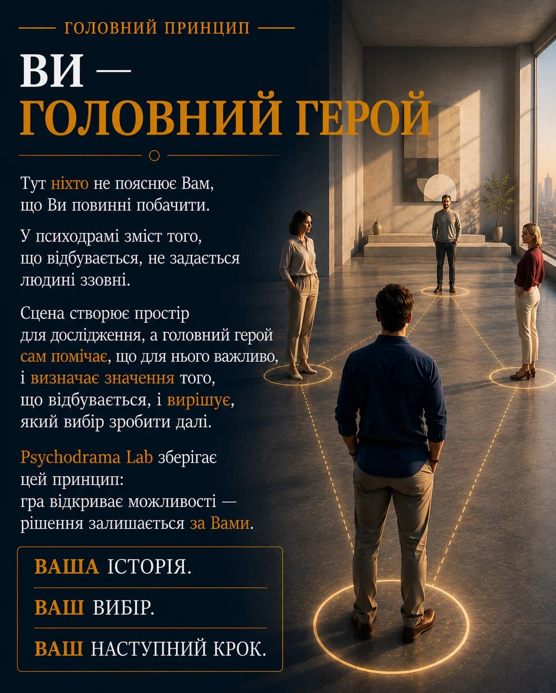Головний принцип. Ви — Головний герой. Тут ніхто не пояснює Вам, що Ви повинні побачити. У психодрамі зміст того, що відбувається, не задається людині ззовні. Сцена створює простір для дослідження, а головний герой сам помічає, що для нього важливо, і визначає значення того, що відбувається, і вирішує, який вибір зробити далі. Psychodrama Lab зберігає цей принцип: гра відкриває можливості — рішення залишається за Вами. Ваша історія. Ваш вибір. Ваш наступний крок.