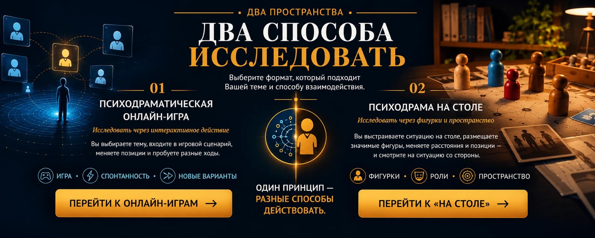 Два пространства. Два способа исследовать. Выберите формат, который подходит Вашей теме и способу взаимодействия. 01 Психодраматическая онлайн-игра — Исследовать через интерактивное действие. Вы выбираете тему, входите в игровой сценарий, меняете позиции и пробуете разные ходы. Игра • Спонтанность • Новые варианты. Один принцип — разные способы действовать. 02 Психодрама на столе — Исследовать через фигурки и пространство. Вы выстраиваете ситуацию на столе, размещаете значимые фигуры, меняете расстояния и позиции — и смотрите на ситуацию со стороны. Фигурки • Роли • Пространство.