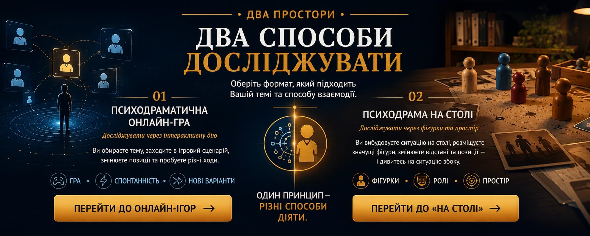 Два простори. Два способи досліджувати. Оберіть формат, який підходить Вашій темі та способу взаємодії. 01 Психодраматична онлайн-гра — Досліджувати через інтерактивну дію. Ви обираєте тему, заходите в ігровий сценарій, змінюєте позиції та пробуєте різні ходи. Гра • Спонтанність • Нові варіанти. Один принцип — різні способи діяти. 02 Психодрама на столі — Досліджувати через фігурки та простір. Ви вибудовуєте ситуацію на столі, розміщуєте значущі фігури, змінюєте відстані та позиції — і дивитесь на ситуацію збоку. Фігурки • Ролі • Простір.